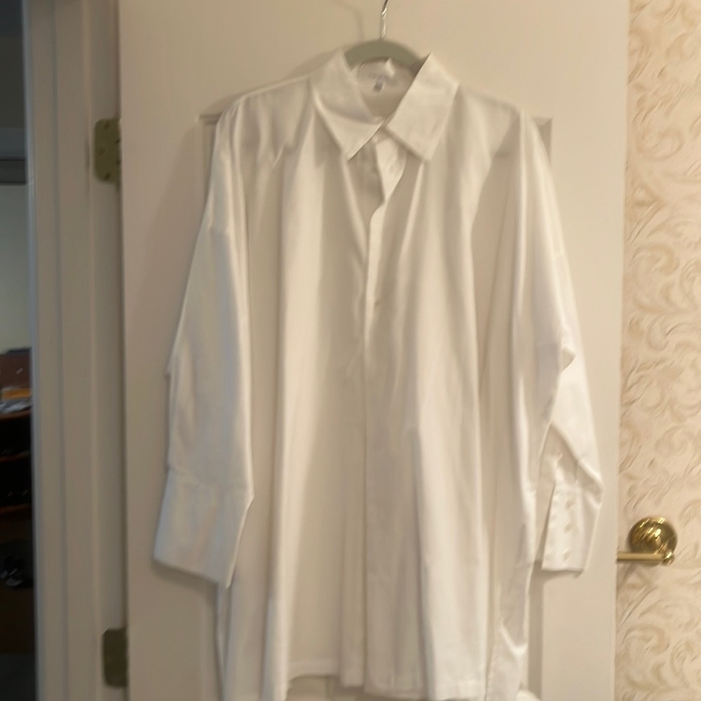 Eskandar extra long white cotton button down.